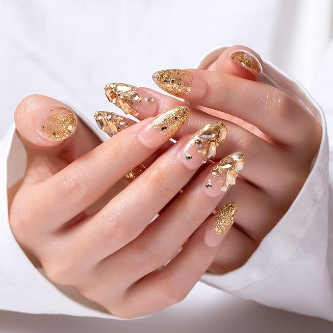 LOVFUL Press on Nails Chateau Glimmer | Handmade with Full Covered Crystals | Reusable Full Cover Nails | Almond Regular 1.0 in | P001-S