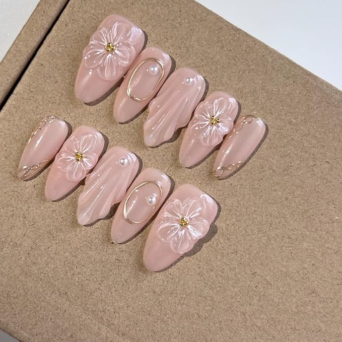 10 Pcs Medium Length Handamde Almond Press On Nails Reusable ABS Acrylic False Nails Set for Women (Size L)