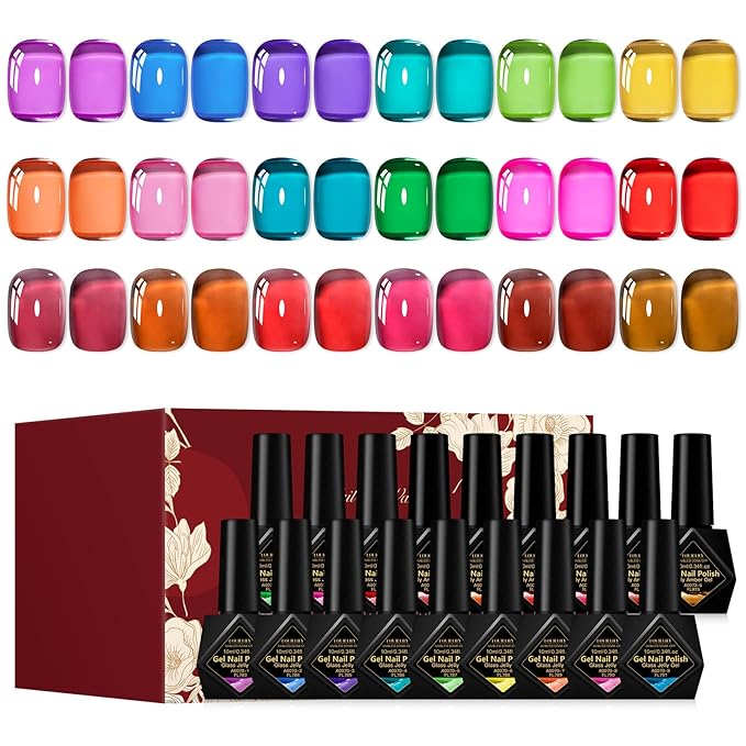 Jelly Gel Nail Polish Set - 18 Popular Colors Green Pink Red Gel Polish, Chip Proof & Glossy Finish, Gift for Women and Girls Valentine’s Day, Birthday, Home & Salon Manicure