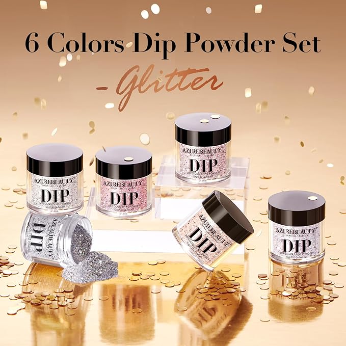 AZUREBEAUTY Dip Powder Nail Set, Silver Pink Black Golden Yellow Glitter Sparkly Shiny Chrome Platinum, 6 Colors All Seasons Dipping Powder Starter Kit Nail Art Manicure Salon, No Need Nail Lamp Cured