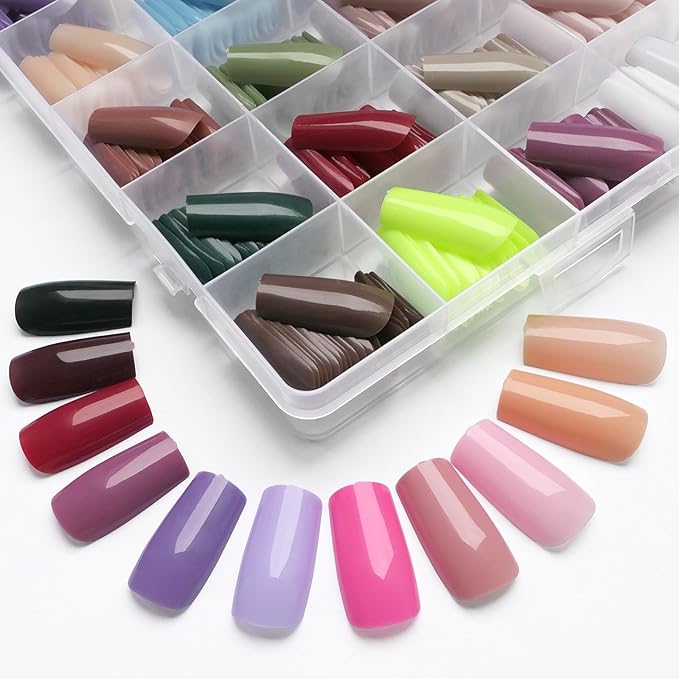 LoveOurHome 576pc Medium Square Press on Nails Kit Glossy Colored Straight Fake Nails Full Cover Artificial Fingernails Acrylic Tips Manicure Design Decor 24 Colors for Women Teens Kids