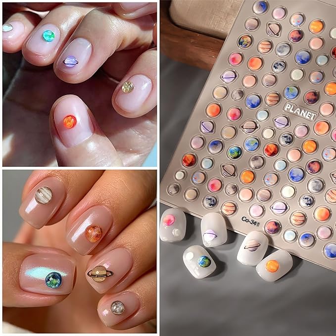 3 Sheets Jelly Planet Series Nail Stickers 5D Embossed Nail Stickers for Nail Art Space Nail Decals with Earth Moon Saturn Designs 3D Nail Art Sticker Cute DIY Self-Adhesive Supplies