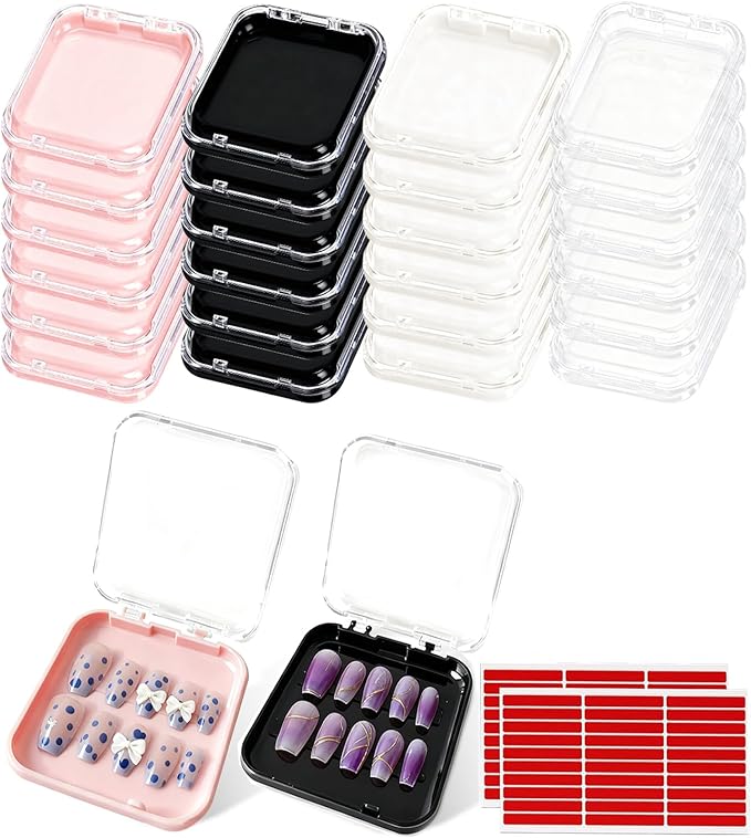 24Pcs Press on Nail Box Packaging, Nail Container for Press Ons Storage with 60Pcs Adhesive Double Sided Tape