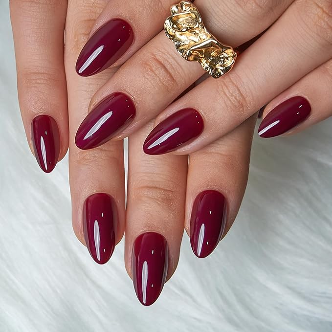 CurvLife Press On Nails Medium Almond – Burgundy Wine Red Fake Nails, Reusable Soft Gel Glue On Nails with Adhesive Tabs, High Gloss, Natural Fit, Salon Quality for Women