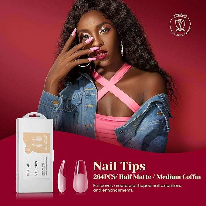 ROSALIND Half Matte Medium Coffin Fake Nail Tips, 264PCS Press on Nails Coffin Full Cover Medium False Nail Tips DIY Manicure Salon Artificial Extension Nails(One-Sided No File)