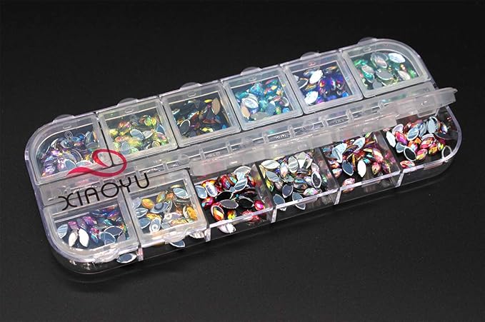 Xiaoyu 5 Boxes Nail Art Rhinestones Kit Nail Rhinestones Multicolor Nail Studs Horse Eye Rhinestones for Nail Art Decorations Supplies with 1PC Tweezers, 2PCS Wax Pencils, D