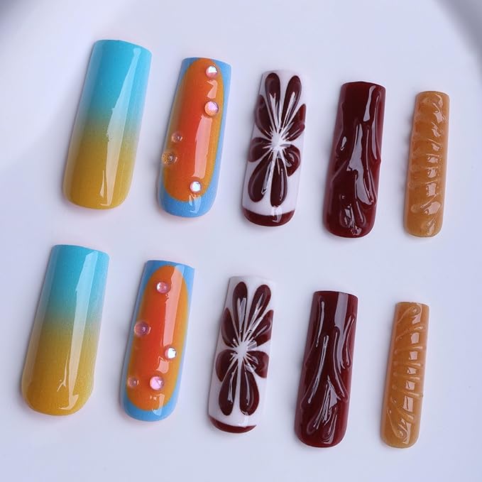 Long Press on Nails Square Fake Nails Brown Artificial Nail Orange Spring and Summer Designs Sparkly Stick on Nail for Women 24pcs