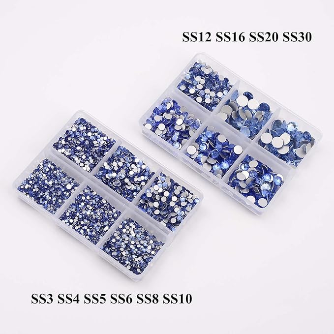 NCB 8000pcs Non Hotfix Rhinestones 10 Sizes Flatback Crystal Glass Rhinestones with Tweezers and Picking Pen for Nail Art Clothes Bags Phone Decorations Crafts DIY (005 Lt. Sapphire Mix SS3-SS30)