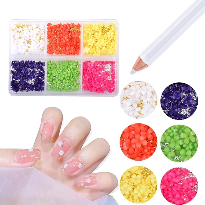 Mixed 3D Flower Nail Charms and Metal Caviar Beads, Acrylic Resin Flowers Nail Design Gold Silver Nail Ball Beads for DIY Decoration Nail Craft Accessories With Pickup Pencil（Style F)