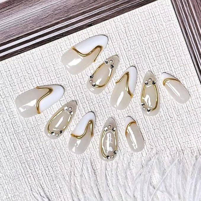Women Press On Nails - Medium Almond False Nails 10Pcs Luxury Handmade 3D Painting Art ABS Acrylic Artificial-Medium Size