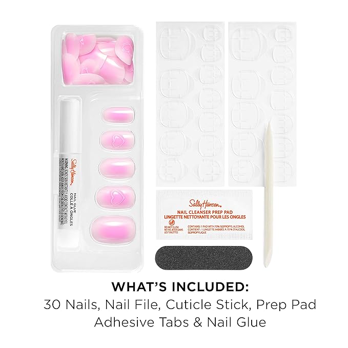 Sally Hansen Salon Effects Perfect Press-On Pink Nails | Oval Shape, 3D Design | Easy to Apply, Non-Damaging, Vitamin E & B5 | 30 Nails, Nail Glue, Adhesive Tabs, File| State of the Heart