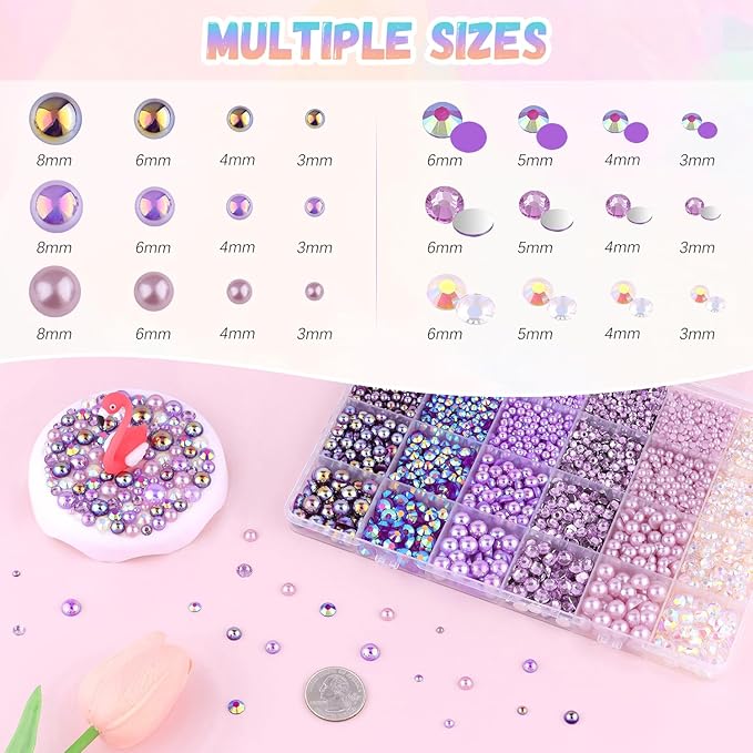 14000Pcs Flatback Pearls and Rhinestones for Crafting, Purple Series Mixed Size 3-8mm Resin Rhinestones and Half Pearls for Bedazzling, Nail Art and Decoration with 3pcs B7000 Jewelry Glue