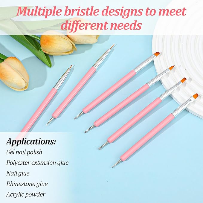 6Pcs Dotting Tools Nail Art Brushes Kit Double Ended Nails Detail Small Brush Design Pen for Gel Polish Lines Nails Drawing DIY Manicures Pink