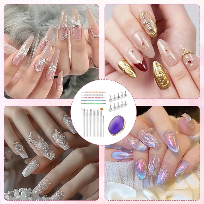 Nail Art Tools Set, 15Pcs Nail Art Brushes White Gel Brush Purple Color Palette Polish Mixing Plate Acrylic Stands for Painting 5Pcs Double-Ended Dotting Pen Design Tools Kit for DIY Manicure