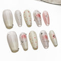 Sun&Beam Nails Handmade Press-on Medium Coffin Ballerina Silver Pink White Dot Ombre Rhinestone Design Fashion False Nail Tips 10 Pcs Set (#180 L)