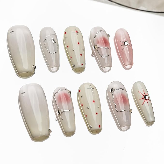 Sun&Beam Nails Handmade Press-on Medium Coffin Ballerina Silver Pink White Dot Ombre Rhinestone Design Fashion False Nail Tips 10 Pcs Set (#180 L)