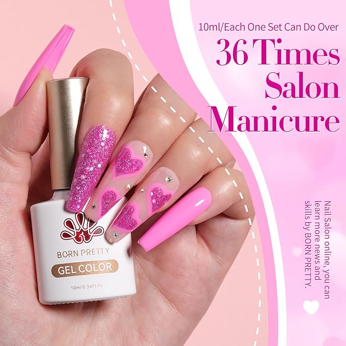 Born Pretty Neon Hot Pink Valentine's Day Gel Nail Polish,Natural Soft Light to Dark Glitter Sparkle Gel Polish Soak Off U v LED Nail Art Manicue Kit DIY at Home or Manicure Salon 6PCS