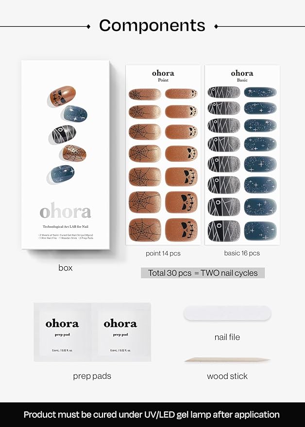 ohora Semi Cured Gel Nail Strips (N Spooky Pop) - Works with Any Lamps, Salon-Quality, Long Lasting, Easy to Apply & Remove - Includes 2 Prep Pads, Nail File & Wooden Stick