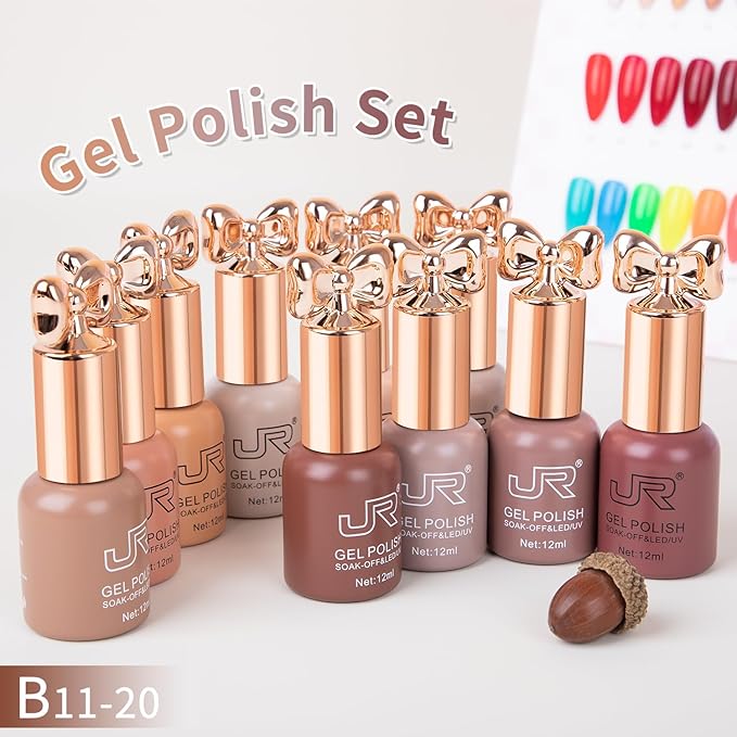 JR Gel Nail Polish 10pcs 0.4oz Nude Brown Gel Polish Color Long Lasting Soak off Gel Polish Nail Art Manicure Salon DIY Nail Gifts for Women B Set