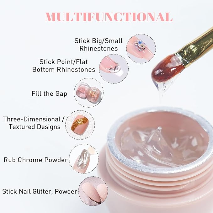 VARNAIL Elastic Gem Gel, No Wipe Stick Gel, Super Sticking Nail Gel Long Lasting Gel, Universal Gem Gel for Rhinestones and Nail Accessories (No Wipe -Jelly 15g)