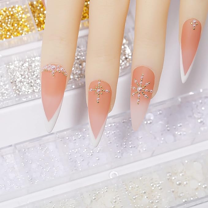 HNUIX Nail Art Charms - Metal Silver & Gold Beads, Flat Back Round Rhinestones, Small Nail Pearls, 3D Mixed Sizes Decorations for Nails