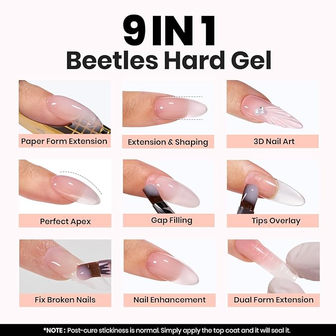 Beetles Builder Gel for Nails, 60g Large Capacity 9 in 1 Sculpture Hard Gel with Dual Nail Pen Forms for Nail Extension & Building Strengthener for Salon Pros Women, UV LED Lamp Needed
