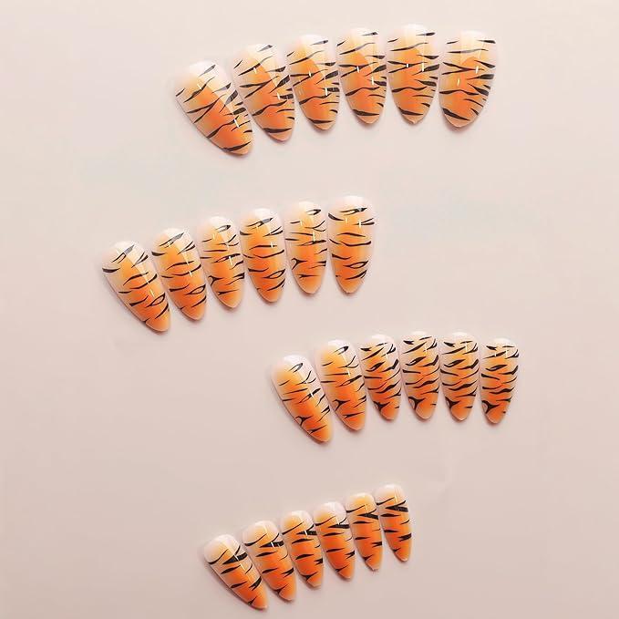 Press on Nails Medium Almond Fake Nails with Tiger Stripe Designs Gradient False Nails Glossy Animal Print False Nails Brown Orange Acrylic Nail Fall Stick on Nails Artificial Nail for Women 24Pcs