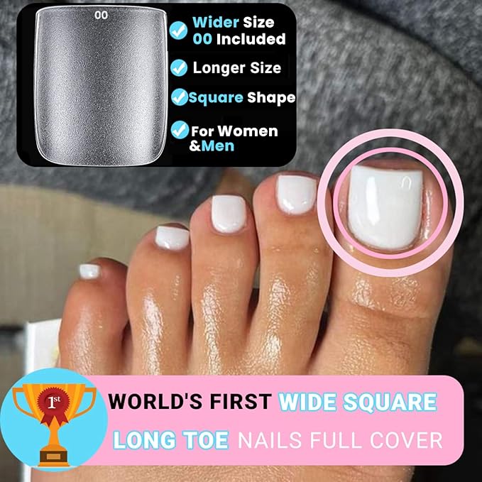 300Pcs Square Toe Nail Tips with Glue,SINOKAME 15 Sizes Wider Long Fake Toenails Matte No File Needed,Clear Press on Toenails Full Cover,Paintable Toe Extension Tips Soak off Home DIY