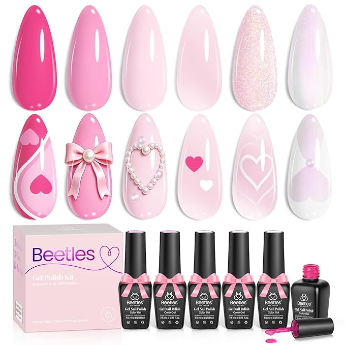 Beetles Pink Gel Nail Polish Set – Blush Cotton 6 Colors Gel Polish, Nude Baby Pink Rose Glitter Jelly Long Lasting Soak Off UV LED Manicure Kit Gift for Women Valentines Nails