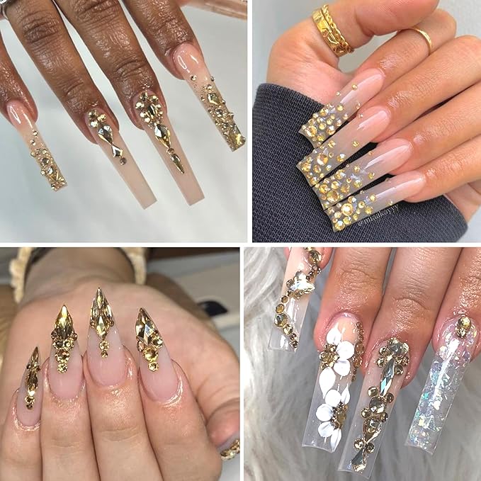 Nail Art Rhinestones - 12 Types of 600 Crystal Champagne Gold Diamonds, 3D Flatback DIY Pearls, Gems, Beads, Flat Back Stones Set, with Kit, for Nail Art Decor