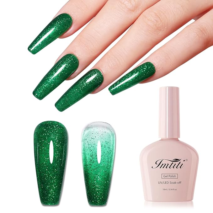 Imtiti 10ml Green Glitter Gel Nail Polish Long Lasting Soak Off UV Led Christmas Green Gel Polish Salon DIY at Home Gift for Women 1Pcs