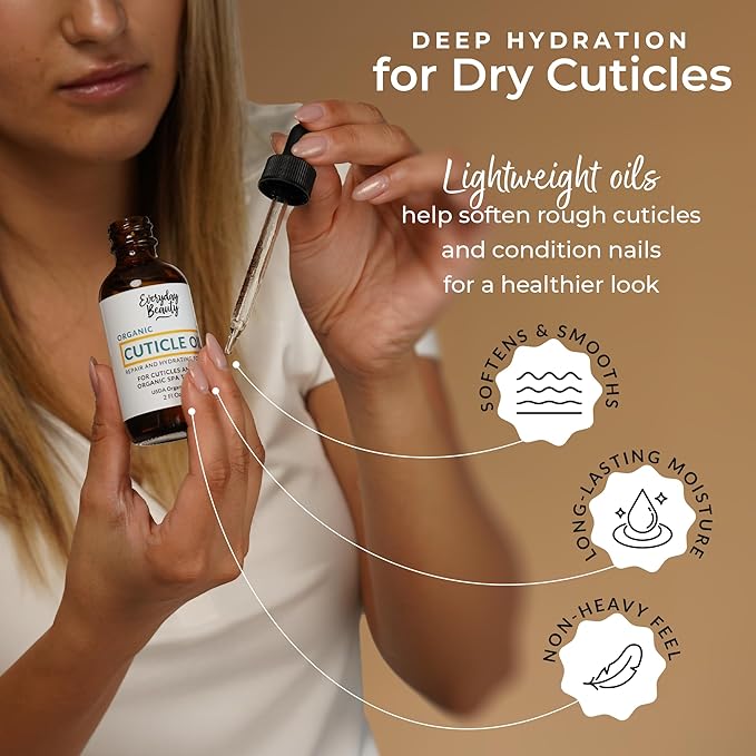 Organic Cuticle & Nail Oil - Repair, Revitalize & Hydrate Cuticles and Nails - Organic Spa Treatment - For Stronger Healthier Nails and Cuticles - 1 Fl Oz Glass Bottle with Nail Brush and Dropper