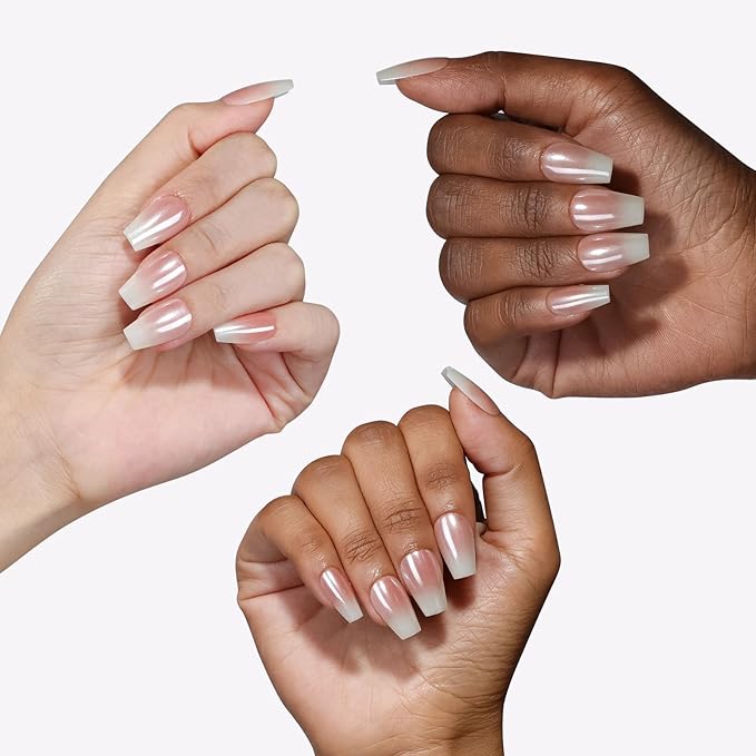 16 Sizes Coffin Press on Nails Chrome Ombre Reusable 32pcs Glossy Gel Fake Nails with Glue and Jelly Stickers (Pearlescent White Ombre)