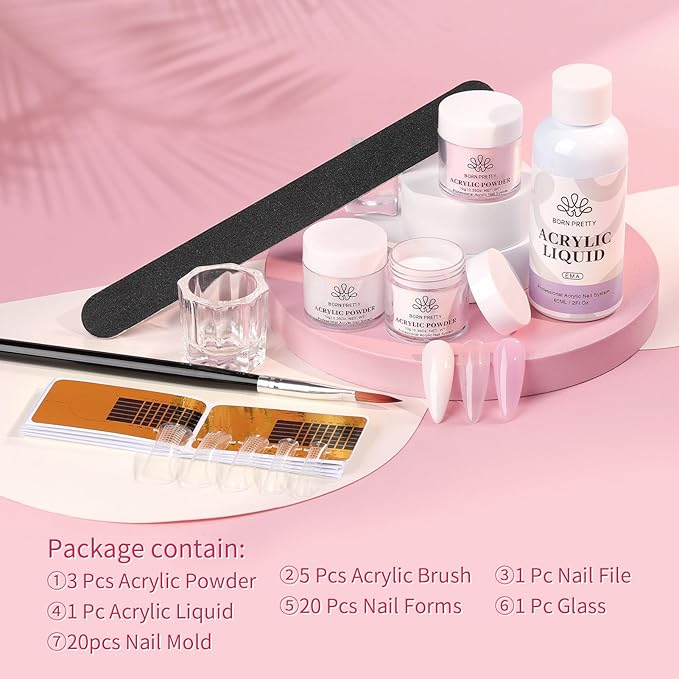 BORN PRETTY Acrylic Nail Kit - Acrylic Powder (Clear, White, Pink) & Liquid Set with Nail Forms, Brush Pen, File & Glass Container - Beginner Friendly