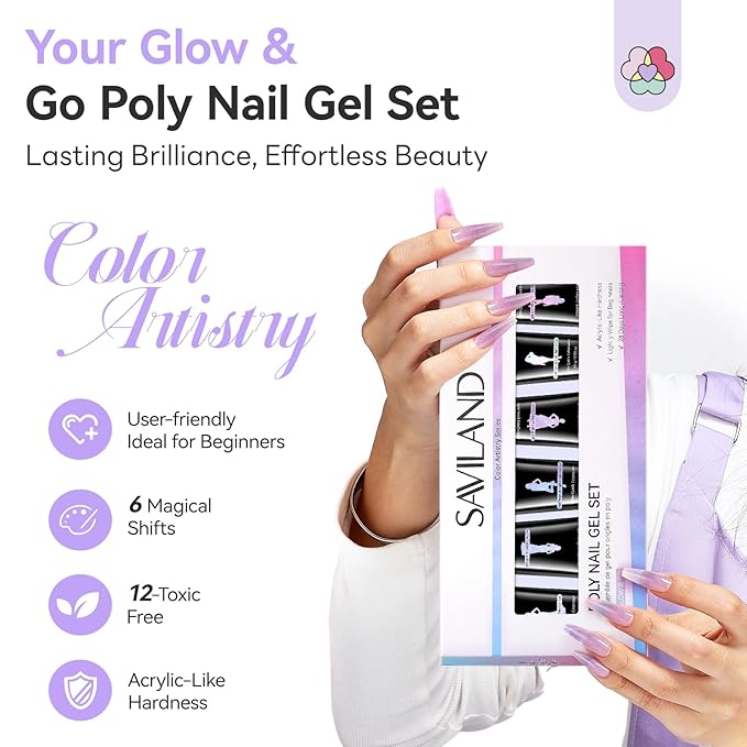 SAVILAND Hema-Free Poly Gel: Fast & Easy Poly Extension Gel Nail Kit 6 Colors with Cat Eye Effect, 28-Day Lasting Nourishing with Castor Oil, Beginner-Friendly Stays for Quick Nail Extensions Home DIY
