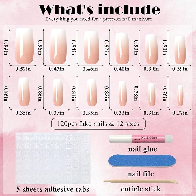 AddFavor 240pc Ombre Square Press on Nails Long Fake Nails - Glue on Nails Square Acrylic Nails Press ons Nail Tips Long Stick on Nails with Nail Glue and Adhesive Tabs for Women