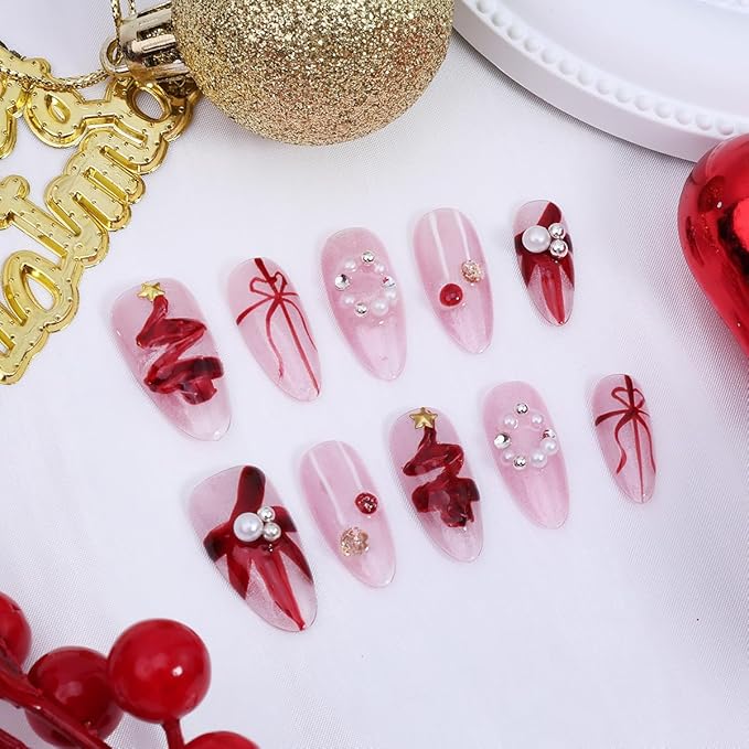 10Pcs Christmas Handmade Press on Nails Medium Almond Fake Nails with Red Xmas Trees Bow Design 3D Star Pearl False Nails Full Cover Artificial Glue on Nails Winter Santa Stick on Nail for Women DIY