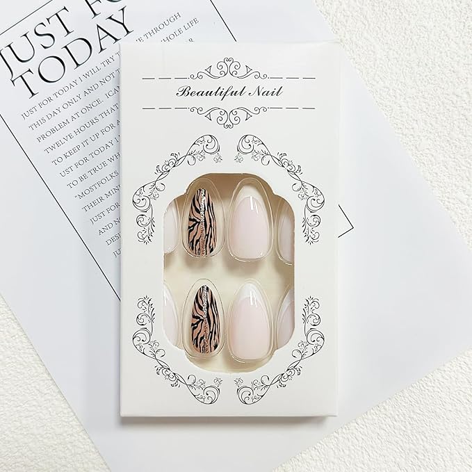 Almond Press on Nails Medium Fake Nails with Designs White French Tip False Nails Press ons Glitter Line Zebra Print Glossy Acrylic Glue on Nails Full Cover Artificial Stick on for Women Supplies