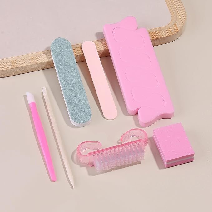 5 Sets Manicure Prep Kit for Travel Home, Portable Basics 7 in 1 Nail Salon Pedicure Tools, Sponge Toe Finger Separators, Nail File, Cuticle Pusher, Wood Stick & Handle Grip Brush