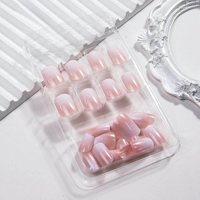 Ombre Press on Nails Short Square Fake Nails Nude White Gradient False Nails Press ons-Reusable Glossy Artificial Nail Full Cover Stick on Nails for Women Manicure 24Pcs