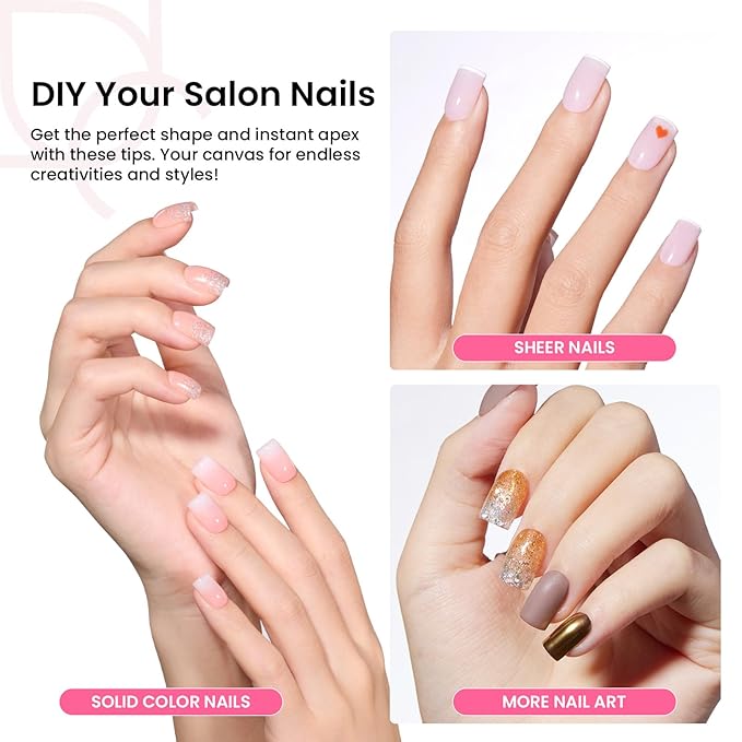 Beetles Tipex Gel Nail Kit Extra Short Square: 16 Sizes Instant Apex Nail Tips, 224 Pcs Pre-Building False Nail Tips with Tipex Nail Glue, Mini Nail Lamp-Thick Acrylic Nail Set