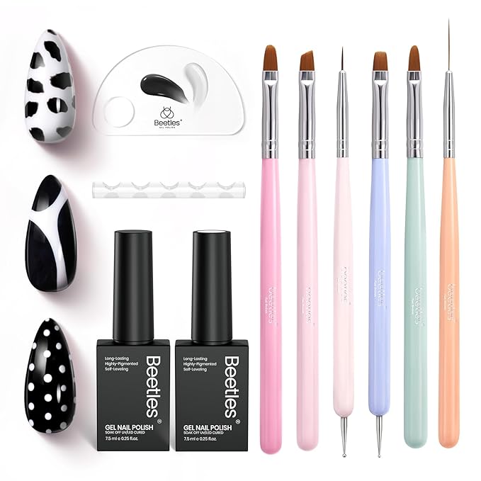 Beetles White Gel Nail Polish Black Gel Polish with Nail Art Brushes Set, 6 Pcs Nails Art Pens Dotting Pen Clean Up Liner French Nails Tools with Palette Brush Holder DIY Manicure Design Set