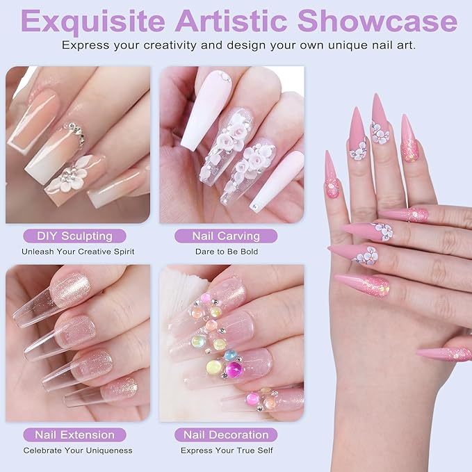 LAVENDER VIOLETS Acrylic Nail Kit - 30g x3 Clear, White, Pink Powder & 80ml Monomer Liquid Set with Carving Brush, Nail Forms, Foil Flakes N302