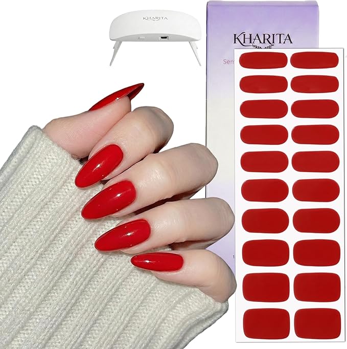 Semi Cured Gel Nail Strips – Real Gel Nail Polish Wraps for Brittle Nails | Long Lasting Easy Peel-Off Removal | Hema-Free | 20-Piece Solid Bright Red Salon Sticker Kit with UV Light