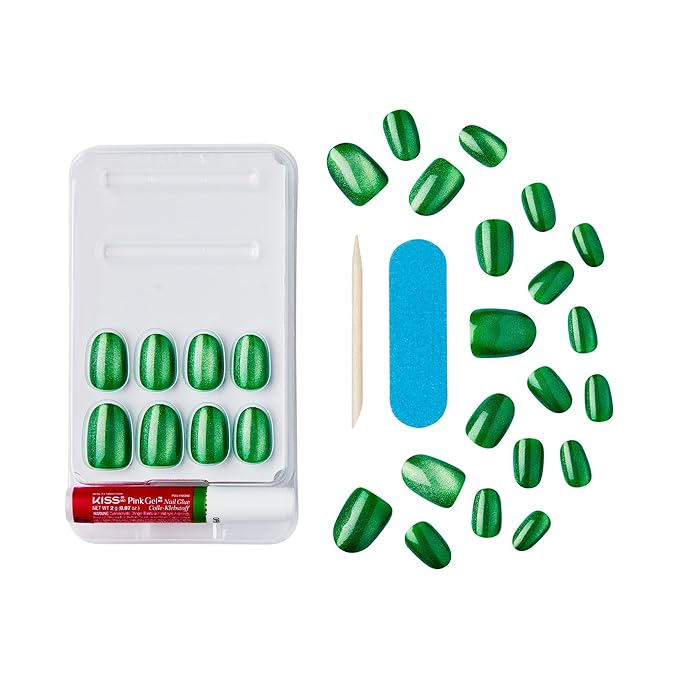 WICKED X KISS Press On Nails, ‘You’re Green?!’, Green, Short Oval, Waterproof, Chip Proof, Smudge Proof, 28 Fake Nails, Pink Gel Nail Glue (2g), Mini Nail File, & Manicure Stick
