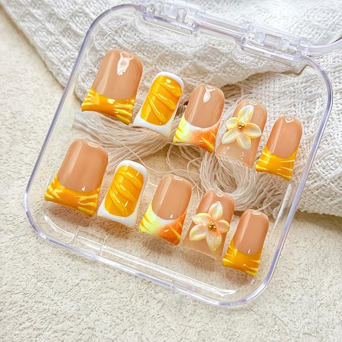 Handmade Duck Press on Nails with Glue，3D Flower Design Fake Nails Ripple Glossy Luxury Rhinestone Artificial Glitter Charm Full Cover Thick False Nails for Girls Festival Party 10 Pcs (Size M)