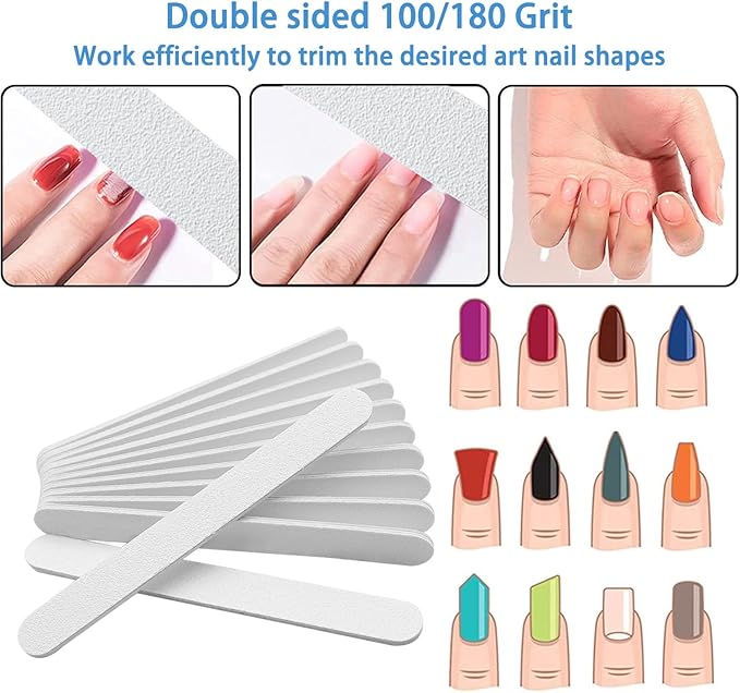 White Nail Files (12 Pack), Professional 100/180 Grit Double-Sided Emery Boards for Natural Nails, Acrylics & Gels, Durable White Fingernail and Toenail File Kit for Manicure & Pedicure