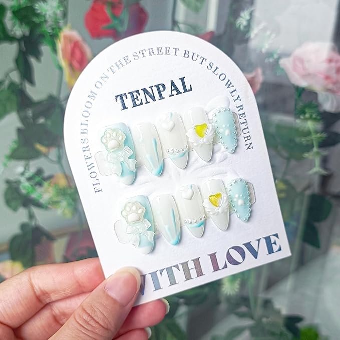 Sky Blue Press on Nails Medium Almond,Full Cover Fake Nails With 3D Charms Bow Pearls Love Designs,10pcs/Box Handmade Sweet Cool Cute Short Nails Press ons For Women Girls(XS)
