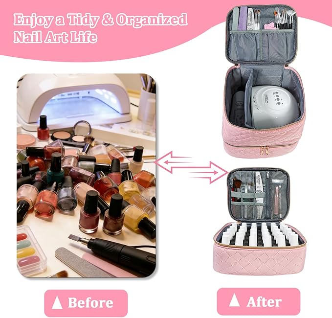 JEWHITENY Nail Polish Organizer Bag Holds 30 Bottles & Nail Lamp,Double-Layer Nail Polish Storage Bag with Adjustable Dividers,Portable Nail Kit Bag For Nail Stuff & Manicure Tools (Pink)