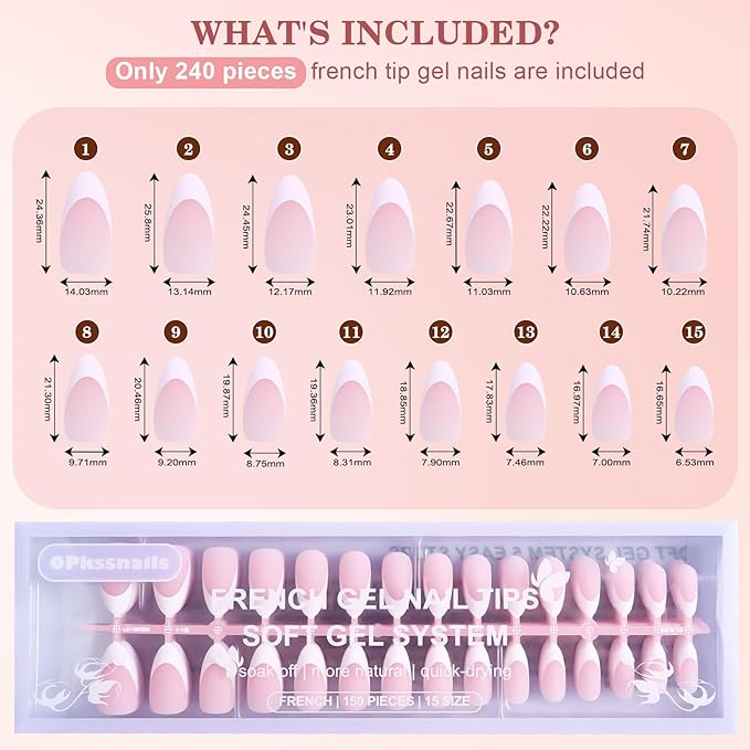 256pcs Pink Alomnd Press on Nails for Women, OPkssnails Medium French Tip Press on Nails, Pre-lasting French Soft Gel Nail Tips, No Need to File Acrylic Fake Nails Extension for Nail Art DIY 16 Sizes